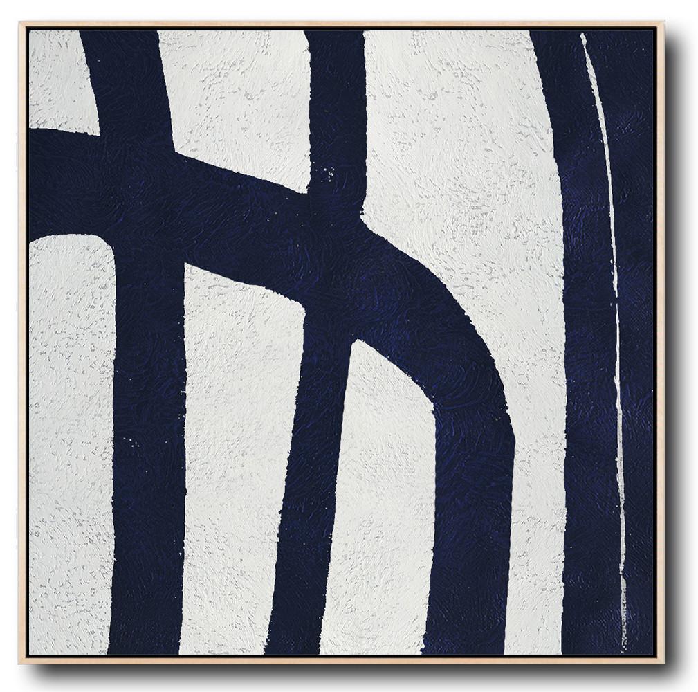 Minimalist Navy Blue And White Painting - Modern Abstract Oil Painting Large